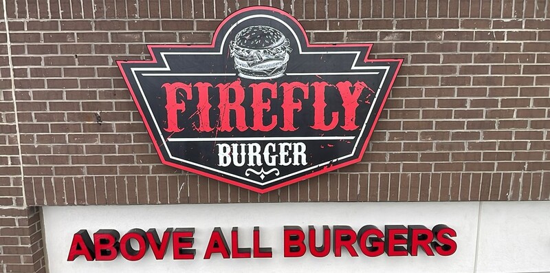 Custom commercial sign for Firefly Burger restaurant in Cambridge